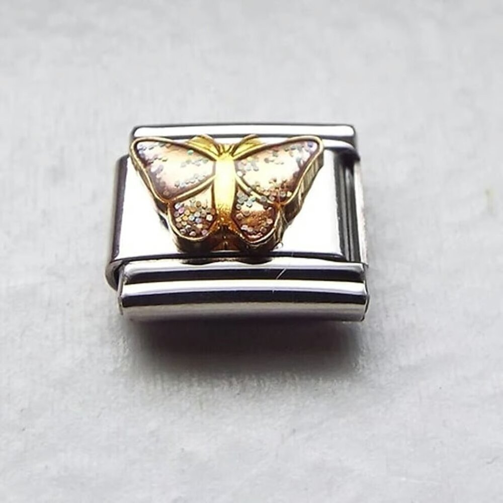 Sparkly gold enamel butterfly 9mm stainless steel italian charm bracelet link